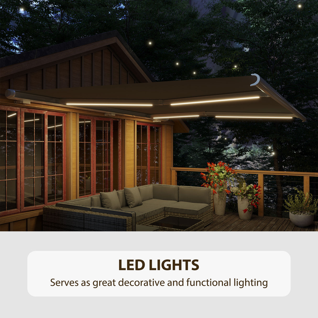Polyester Manual Retractable Awning With LED Light 395cm Wide x 300cm Depth - Velmora