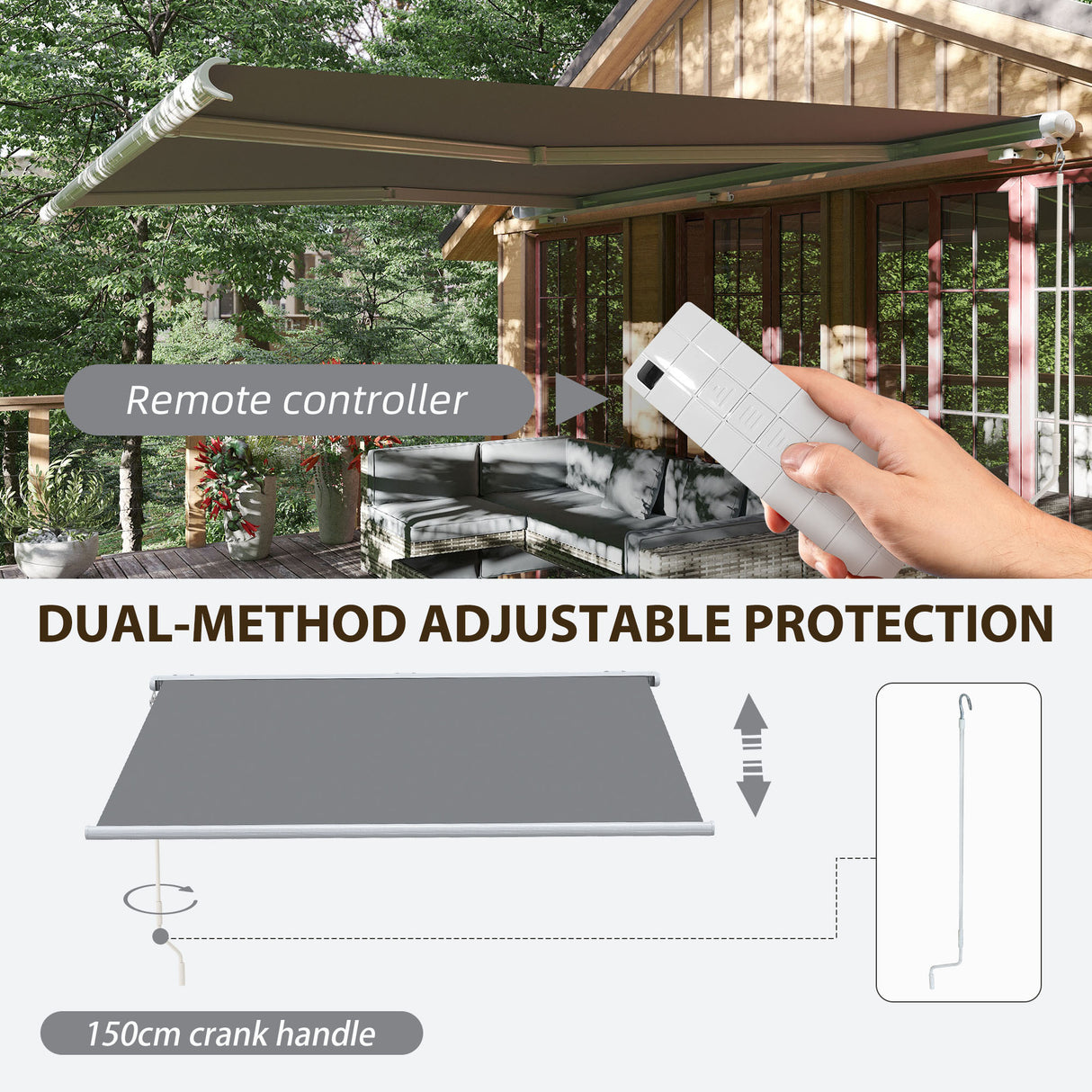 Polyester Manual Retractable Awning With LED Light 395cm Wide x 300cm Depth - Velmora