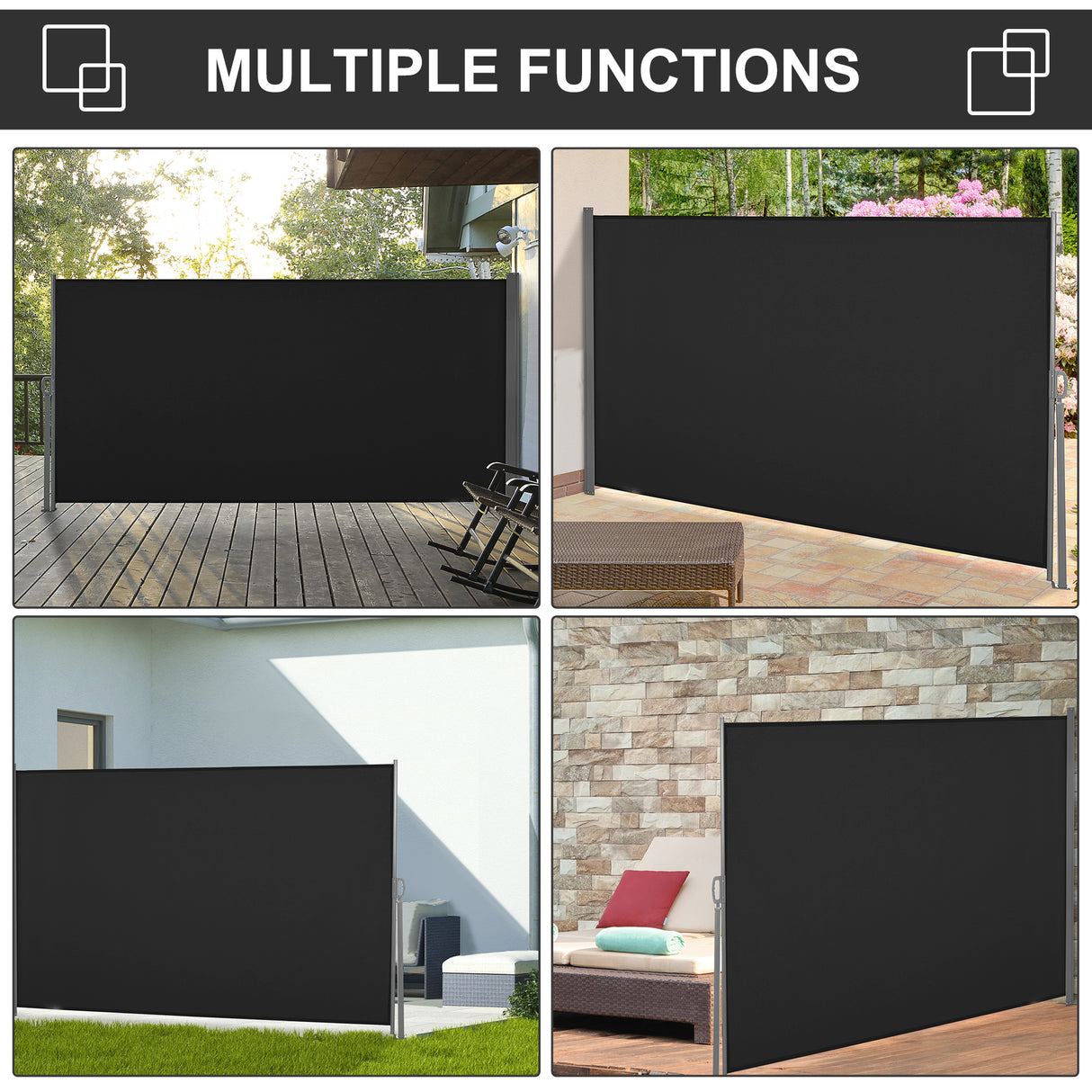 Polyester Retractable Sun Side Awning Screen Fence 160cm High x 300cm Wide - Velmora
