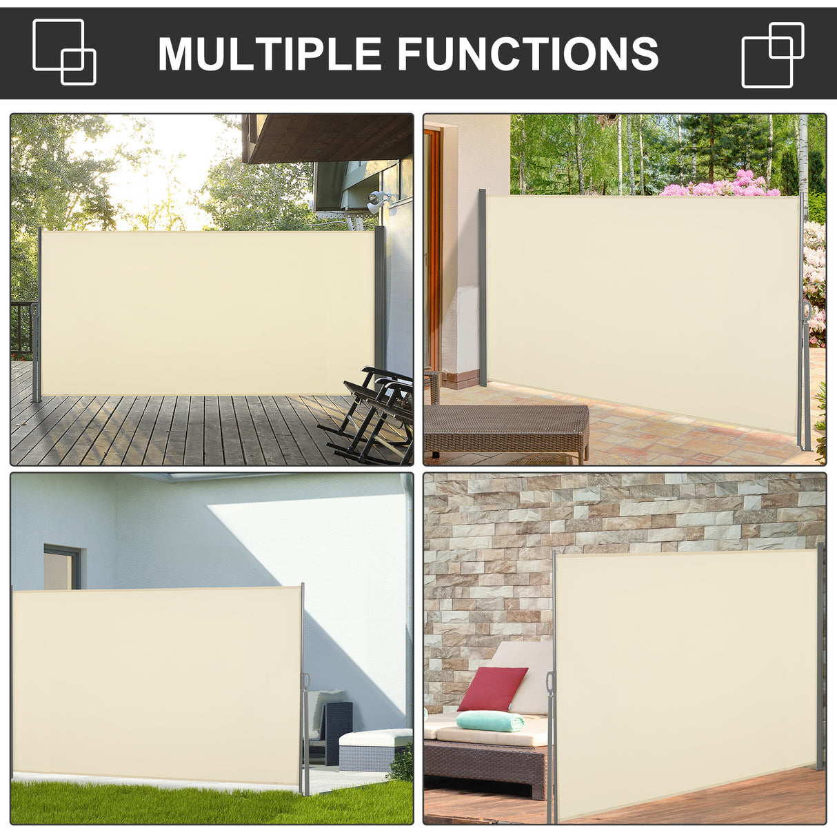 Polyester Retractable Sun Side Awning Screen Fence 160cm High x 300cm Wide - Velmora