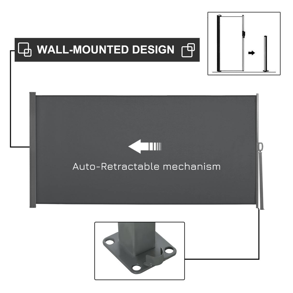 Polyester Retractable Sun Side Awning Screen Fence 160cm High x 300cm Wide - Velmora