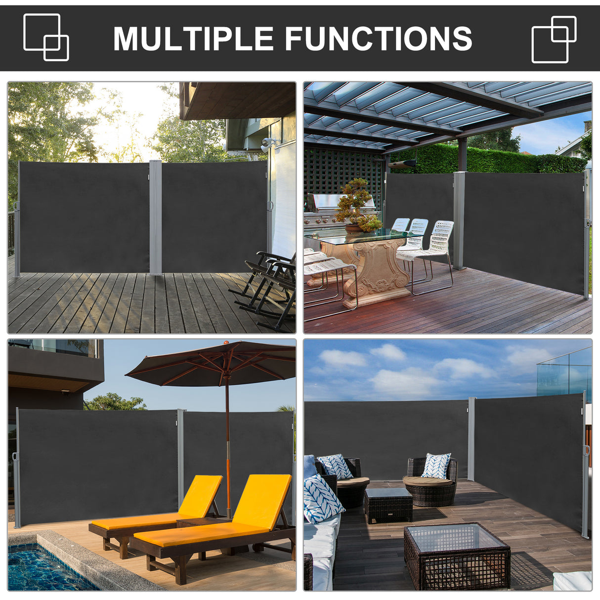 Polyester Retractable Sun Side Awning Screen Fence 180cm High x 300cm Wide - Velmora