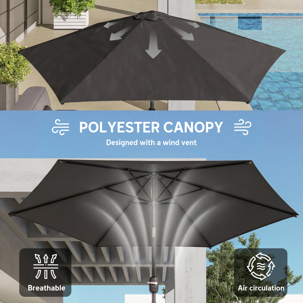 Polyester Tilting Parasol Umbrella 265cm Diameter - Velmora
