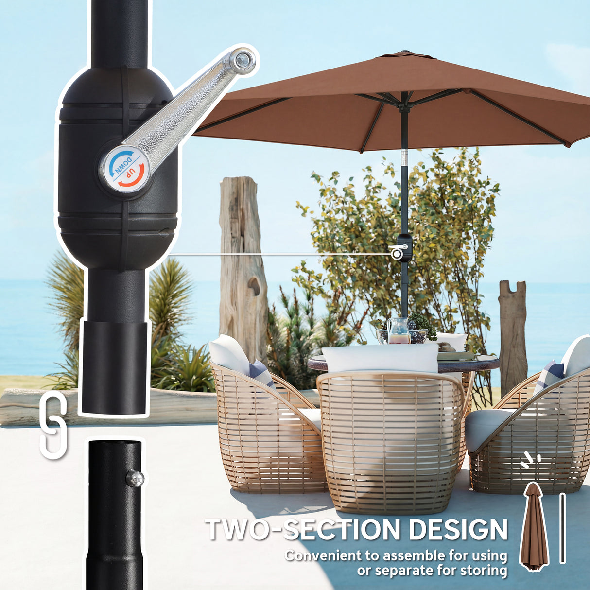 Polyester Tilting Parasol Umbrella 265cm Diameter - Velmora