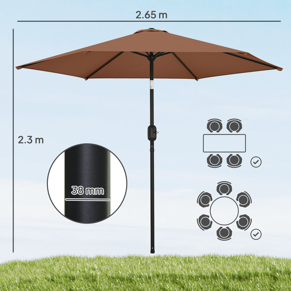 Polyester Tilting Parasol Umbrella 265cm Diameter - Velmora