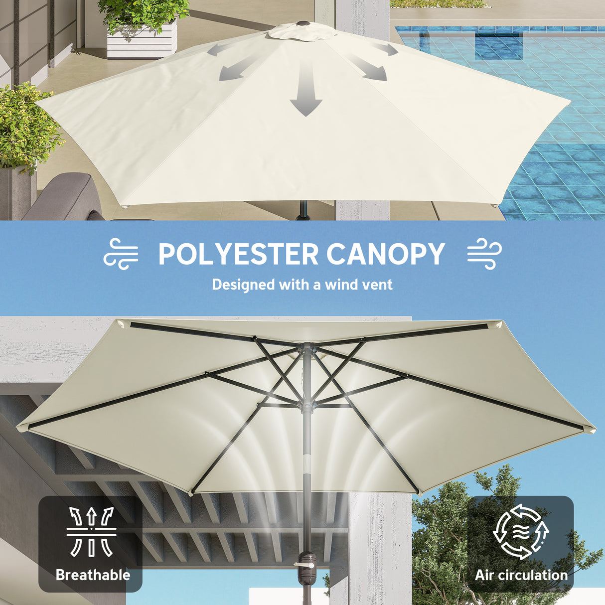 Polyester Tilting Parasol Umbrella 265cm Diameter - Velmora