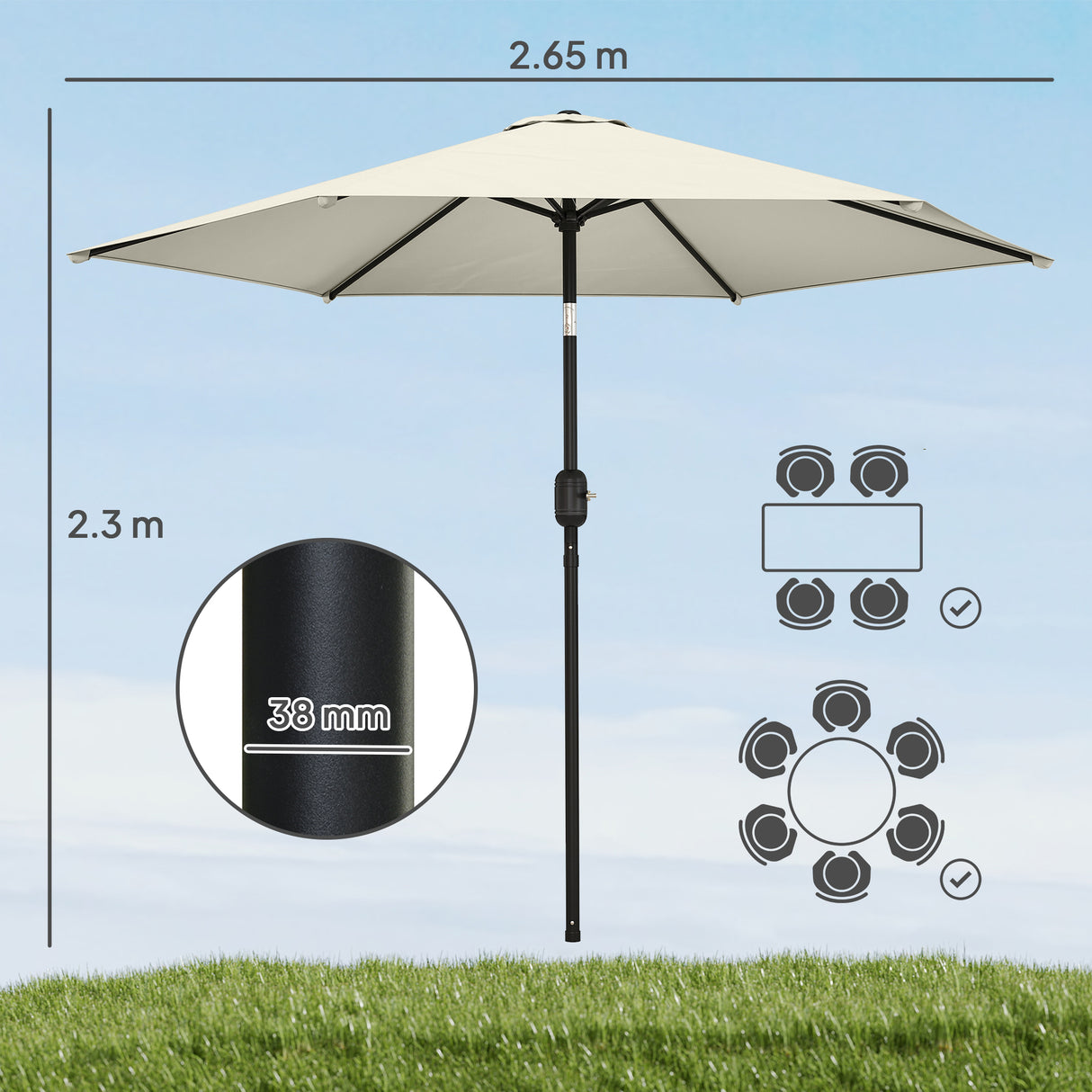 Polyester Tilting Parasol Umbrella 265cm Diameter - Velmora