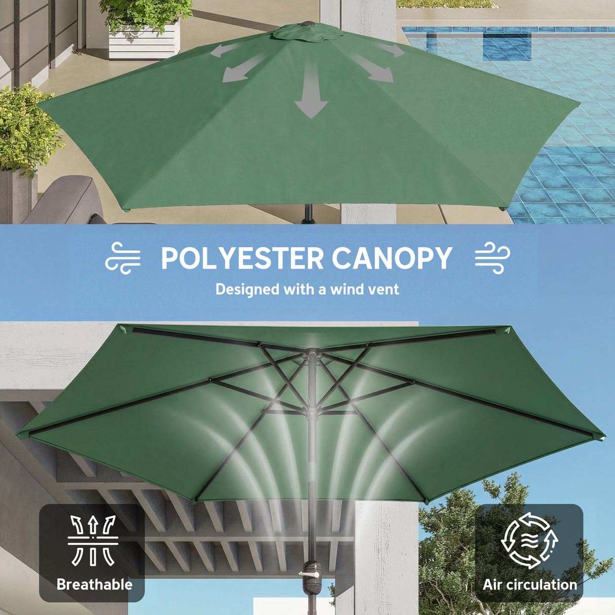Polyester Tilting Parasol Umbrella 265cm Diameter - Velmora