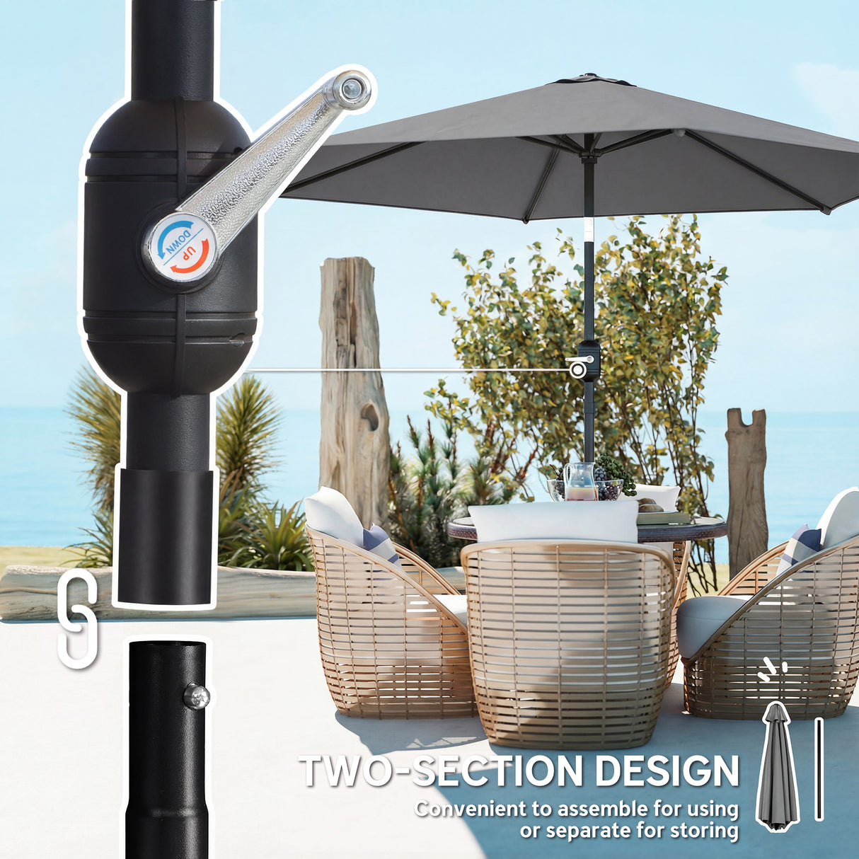 Polyester Tilting Parasol Umbrella 265cm Diameter - Velmora