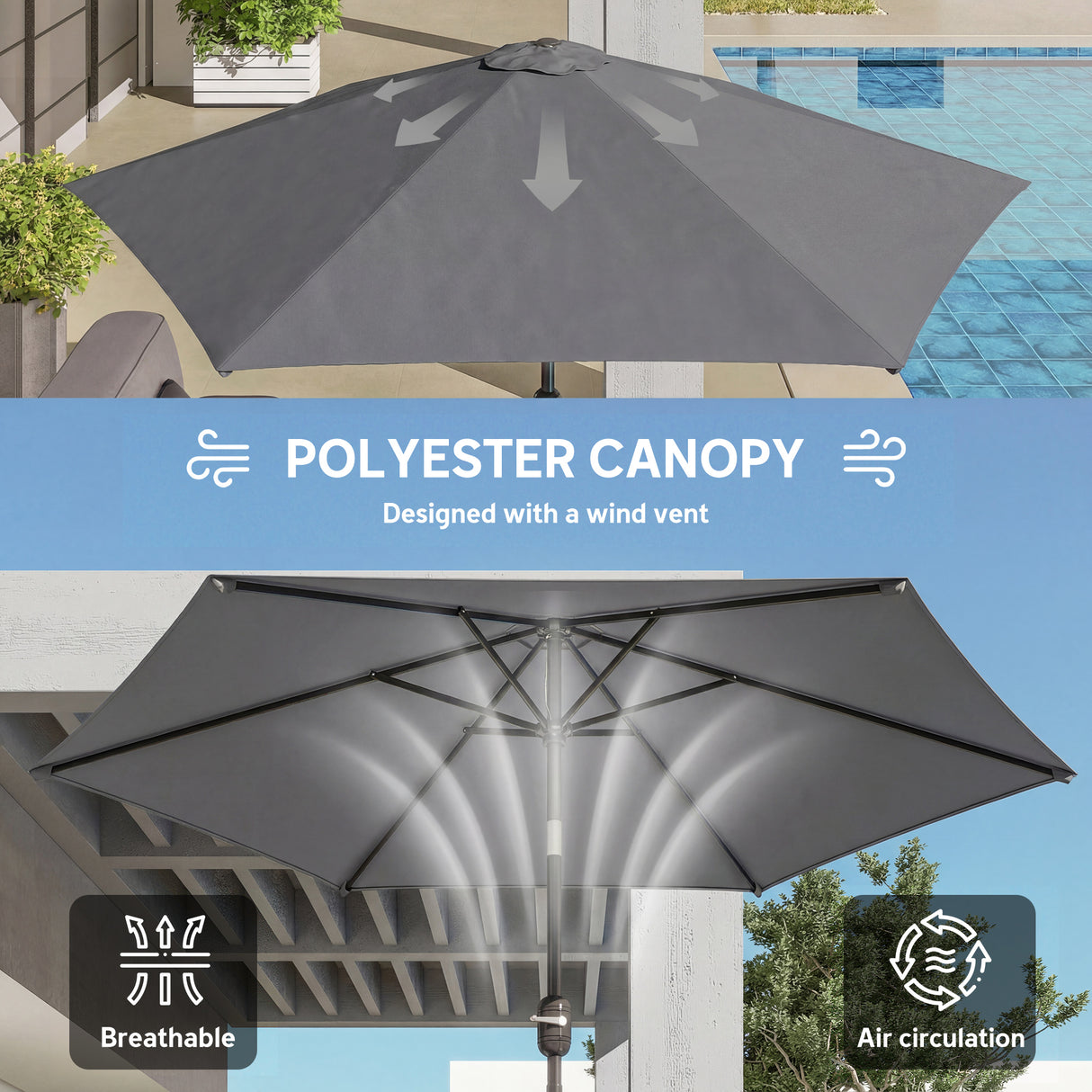 Polyester Tilting Parasol Umbrella 265cm Diameter - Velmora