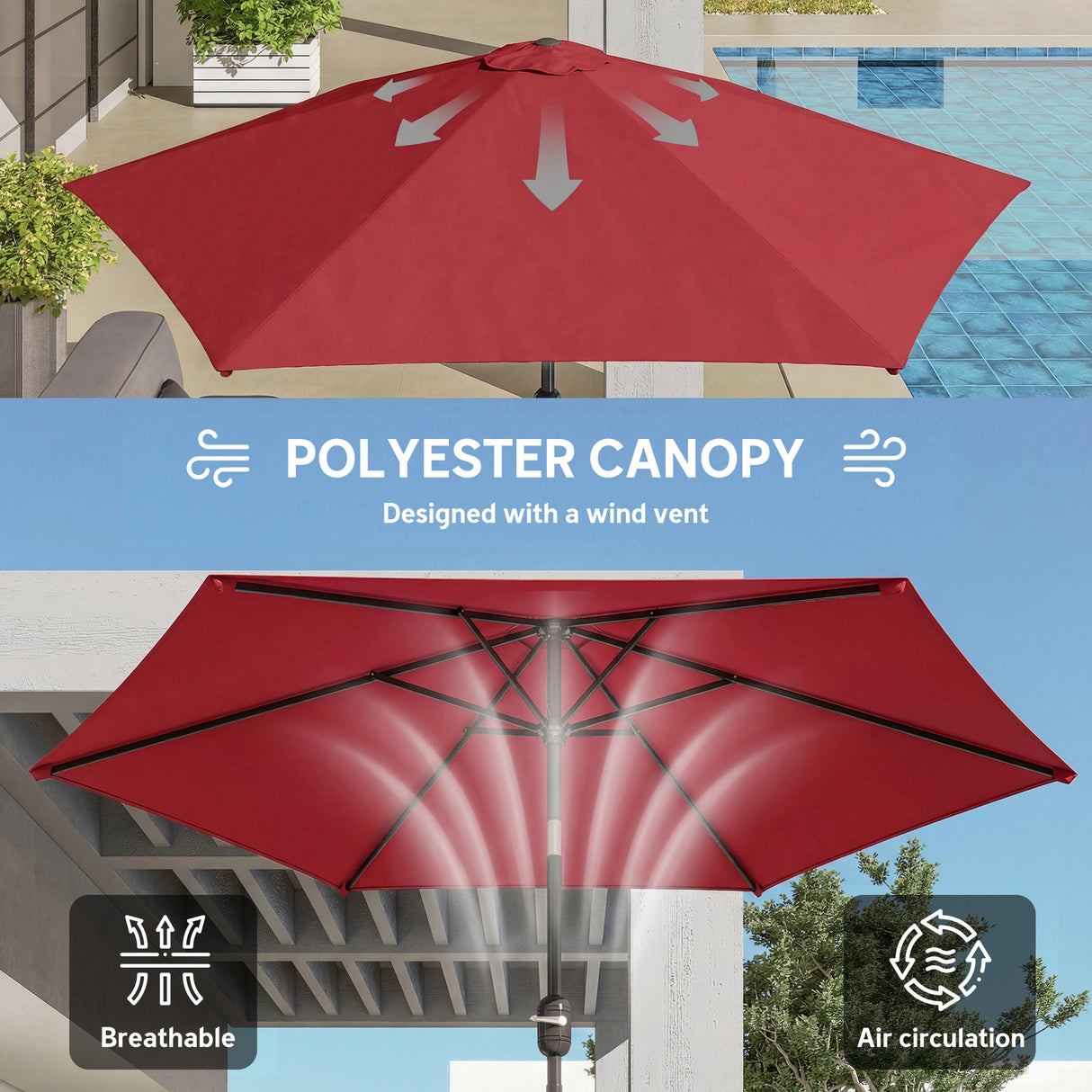Polyester Tilting Parasol Umbrella 265cm Diameter - Velmora