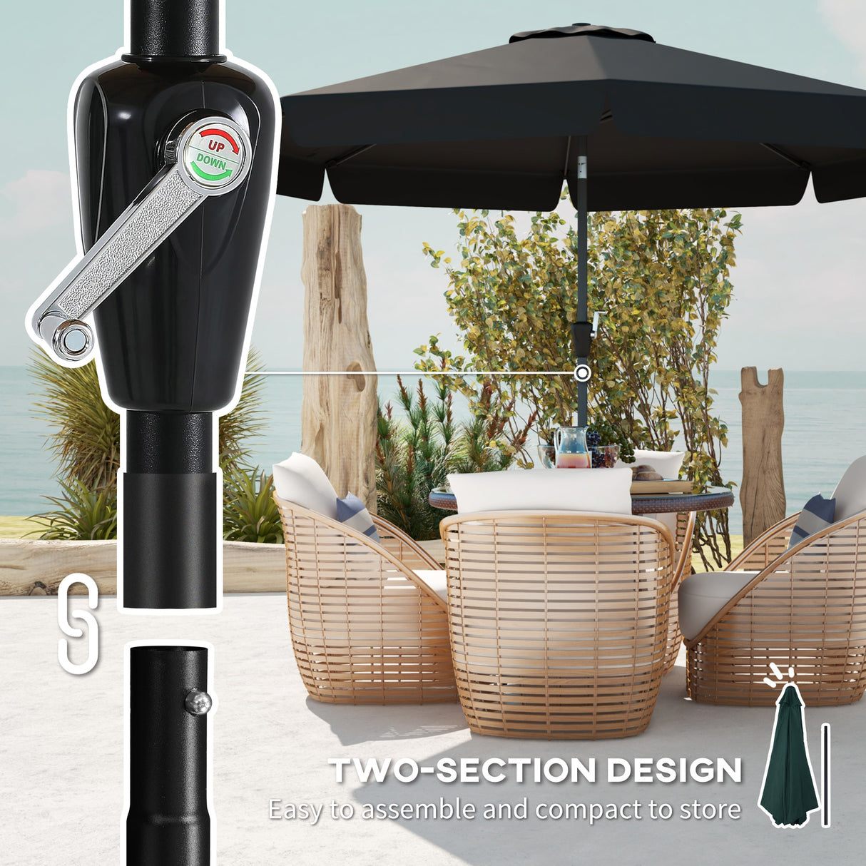 Polyester Tilting Parasol Umbrella 266cm Diameter - Velmora