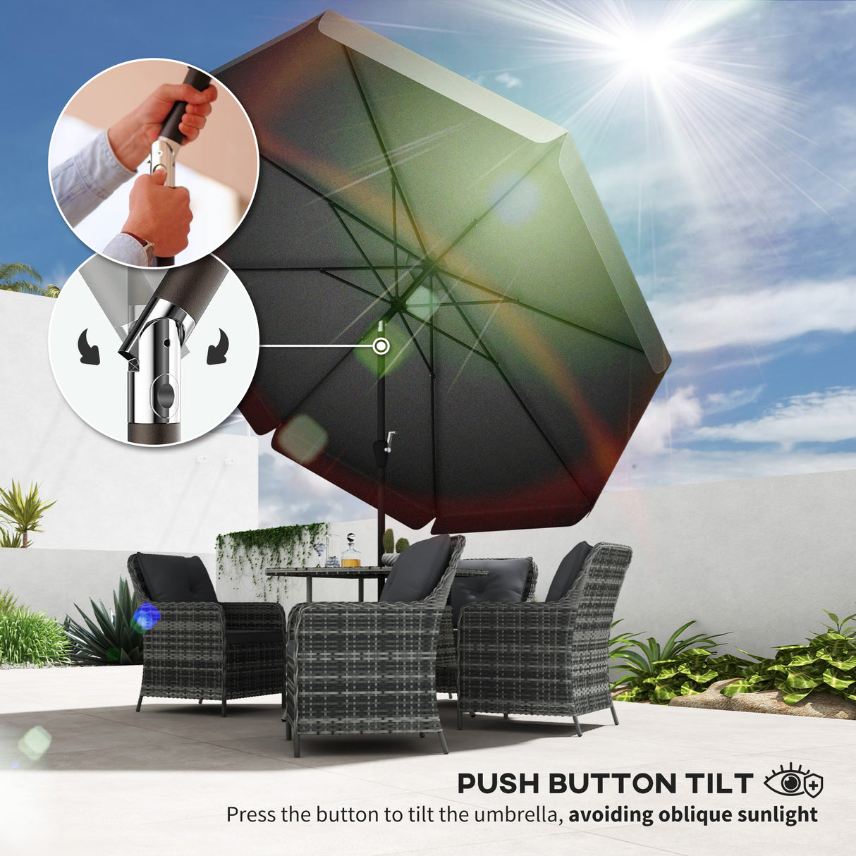 Polyester Tilting Parasol Umbrella 266cm Diameter - Velmora