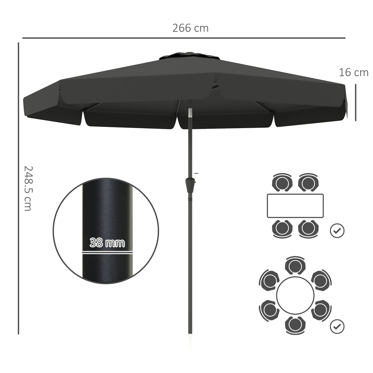 Polyester Tilting Parasol Umbrella 266cm Diameter - Velmora