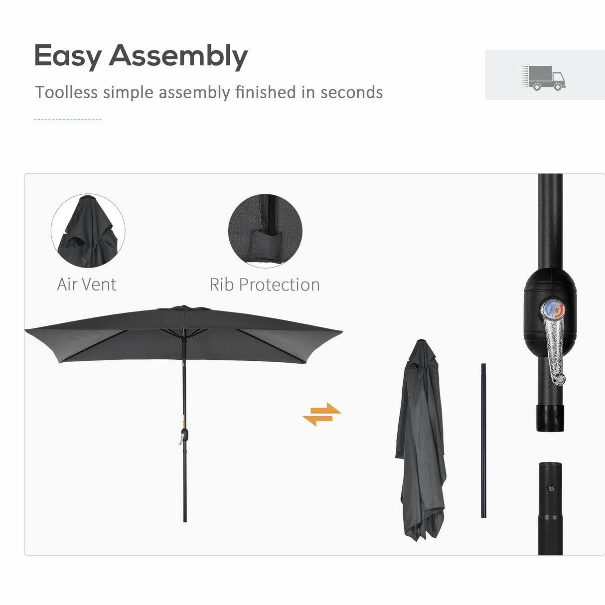 Polyester Tilting Parasol Umbrella 295cm Width x 195cm Depth - Velmora