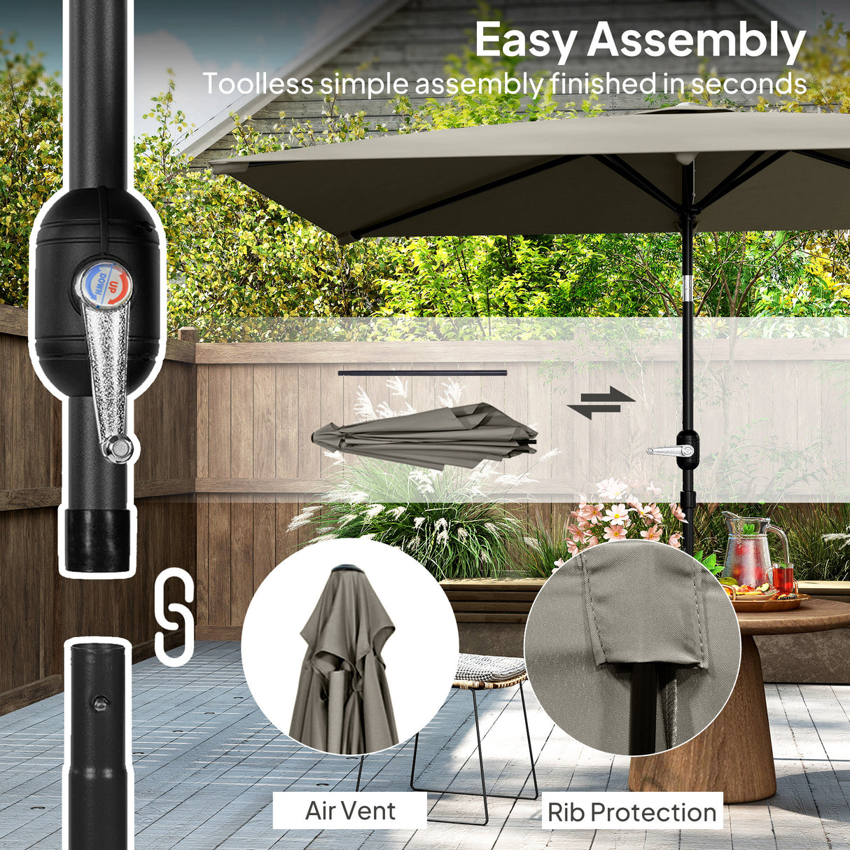Polyester Tilting Parasol Umbrella 295cm Width x 195cm Depth - Velmora