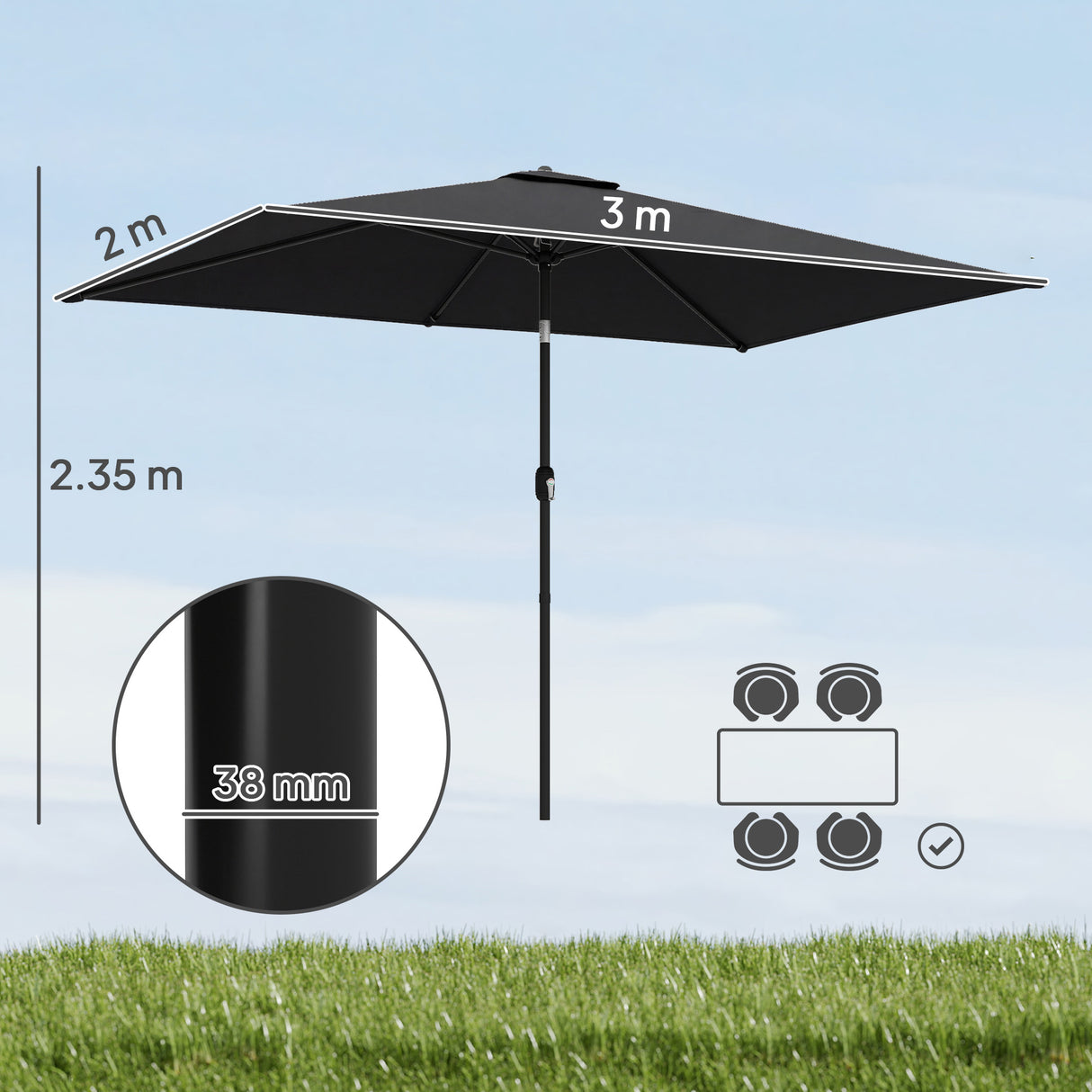 Polyester Tilting Parasol Umbrella 300cm Width x 200cm Depth - Velmora
