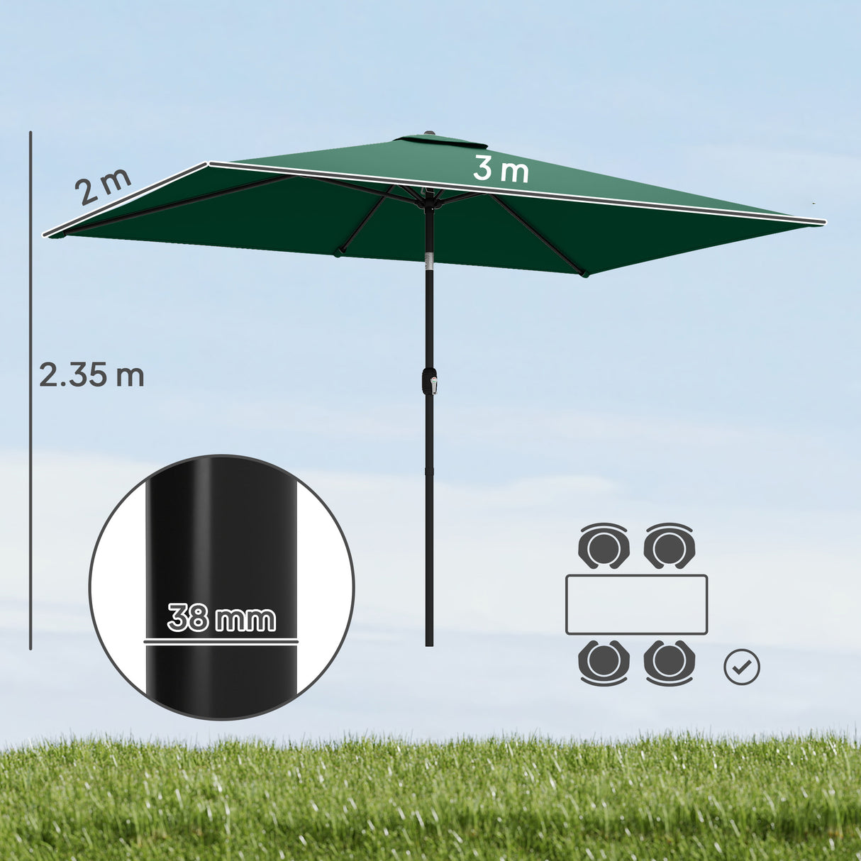Polyester Tilting Parasol Umbrella 300cm Width x 200cm Depth - Velmora