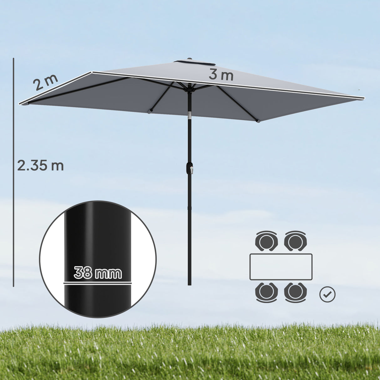 Polyester Tilting Parasol Umbrella 300cm Width x 200cm Depth - Velmora
