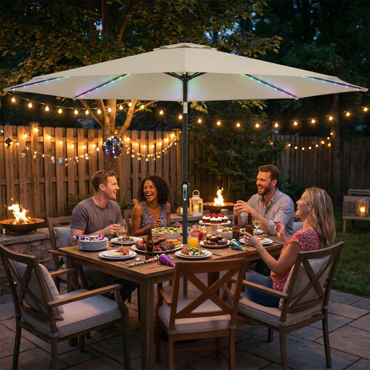 Polyester Tilting Parasol Umbrella With 112 Solar LED Light 295cm Diameter - Velmora