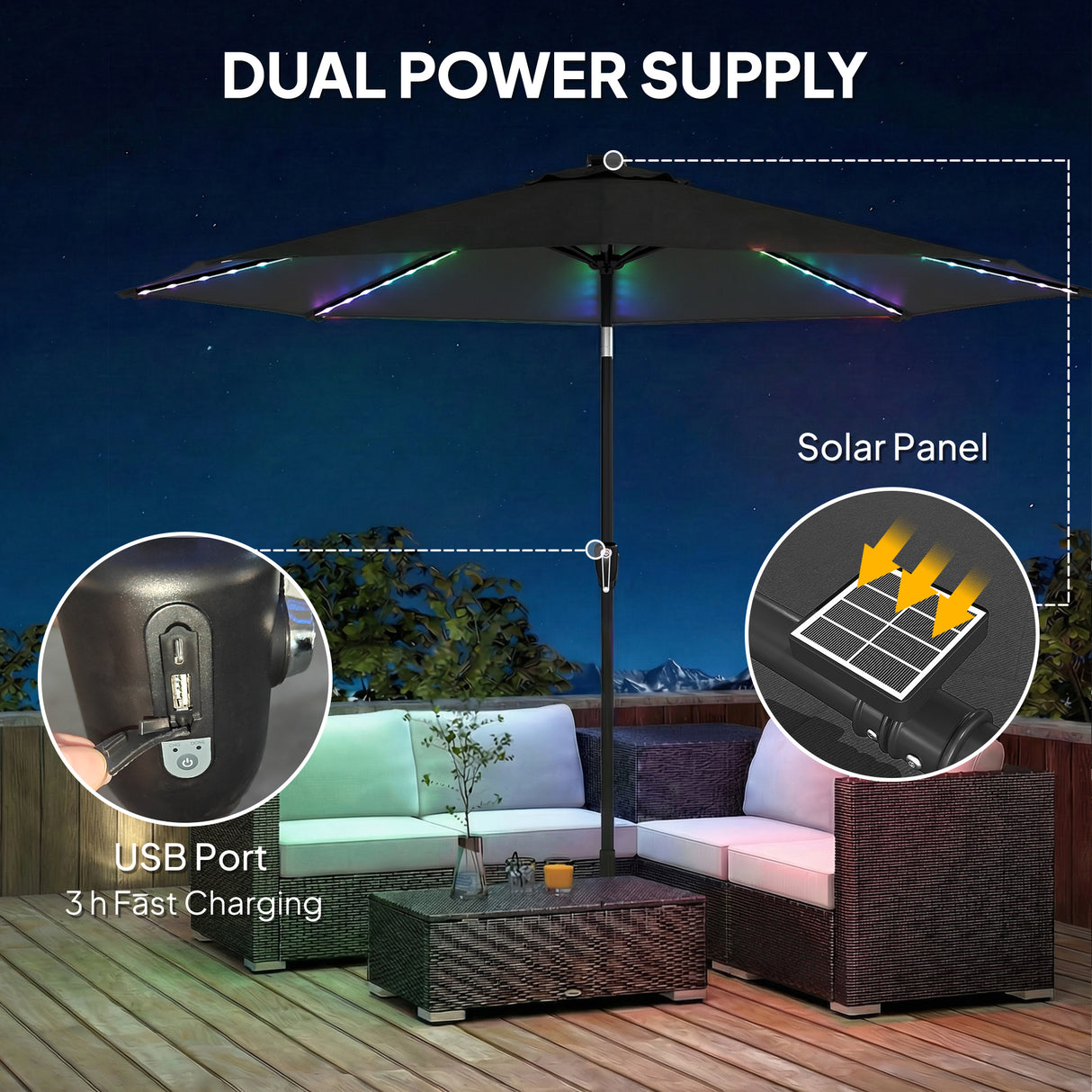 Polyester Tilting Parasol Umbrella With 112 Solar LED Light 295cm Diameter - Velmora