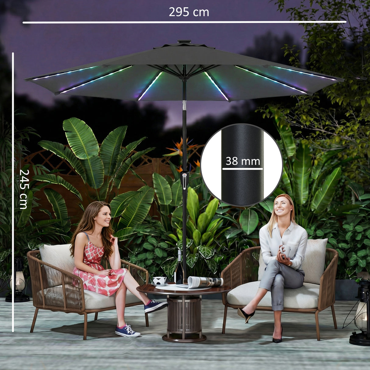 Polyester Tilting Parasol Umbrella With 112 Solar LED Light 295cm Diameter - Velmora