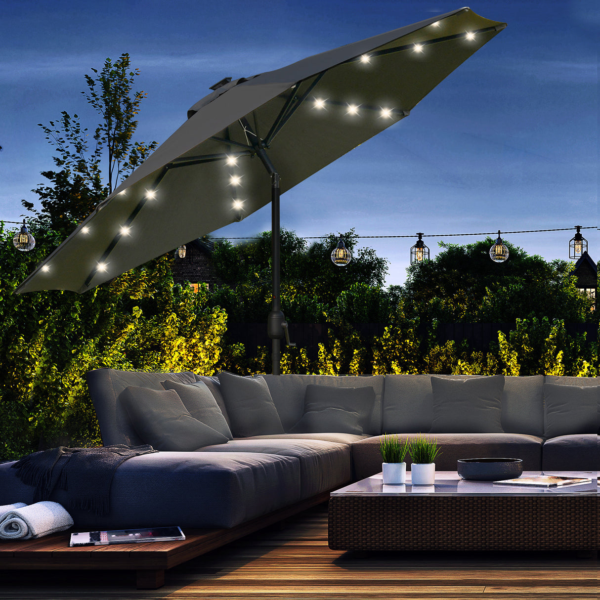 Polyester Tilting Parasol Umbrella With 24 LED Light 267cm Diameter - Velmora