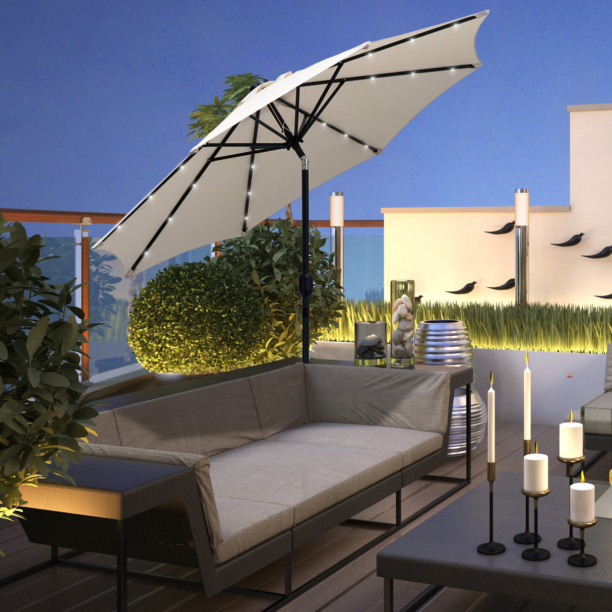 Polyester Tilting Parasol Umbrella With 24 LED Light 267cm Diameter - Velmora