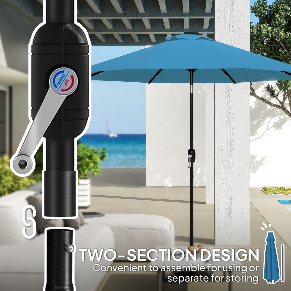 Polyester Tilting Parasol Umbrella With 24 LED Light 268cm Diameter - Velmora