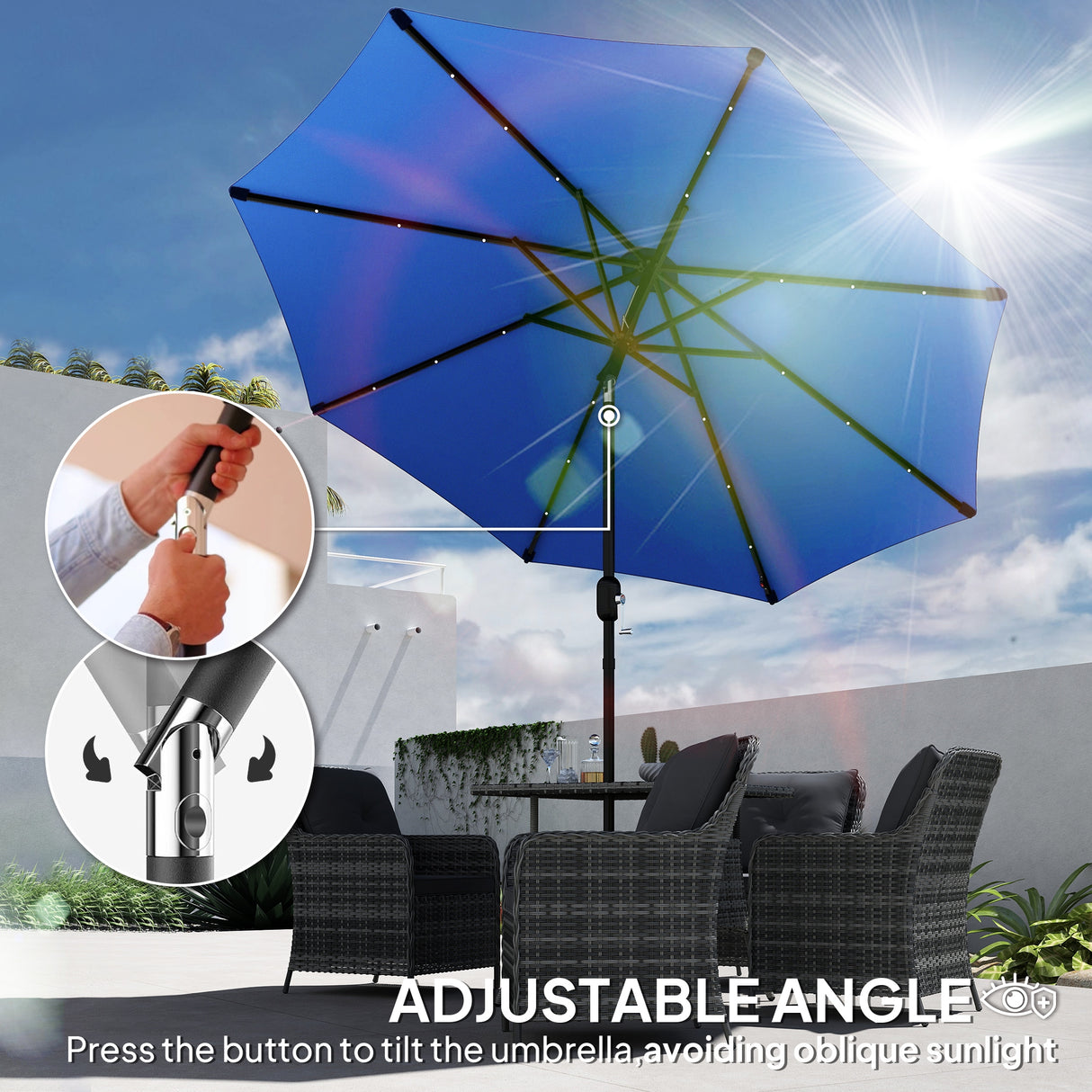 Polyester Tilting Parasol Umbrella With 24 LED Light 268cm Diameter - Velmora