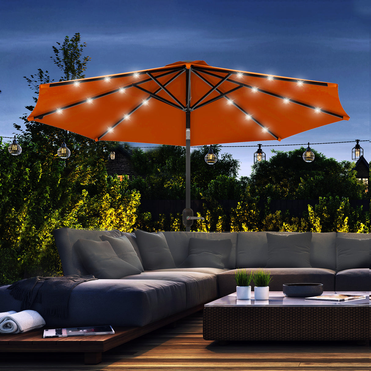 Polyester Tilting Parasol Umbrella With 24 LED Light 268cm Diameter - Velmora