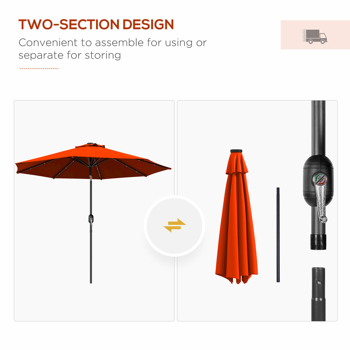 Polyester Tilting Parasol Umbrella With 24 LED Light 268cm Diameter - Velmora