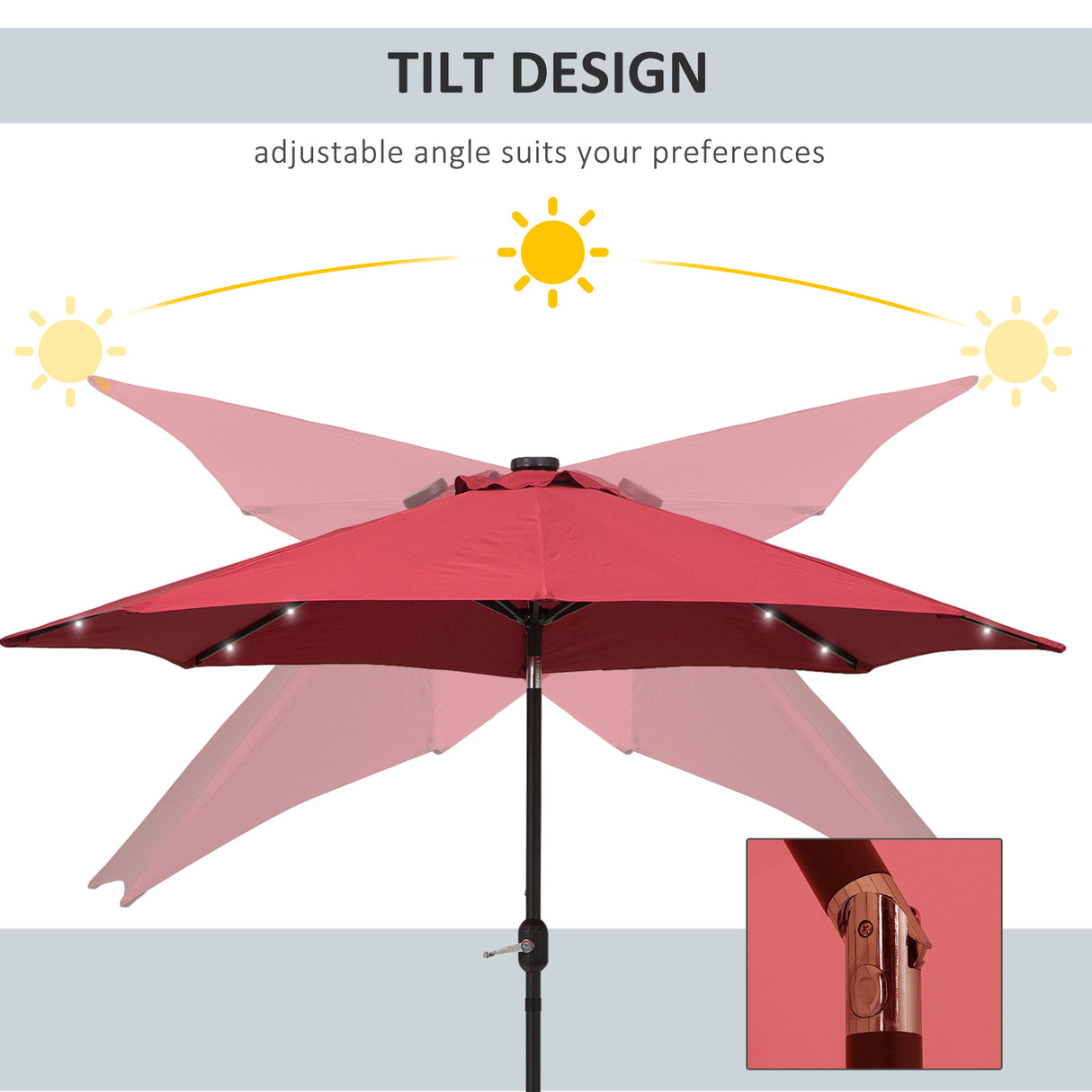 Polyester Tilting Parasol Umbrella With 24 LED Light 268cm Diameter - Velmora