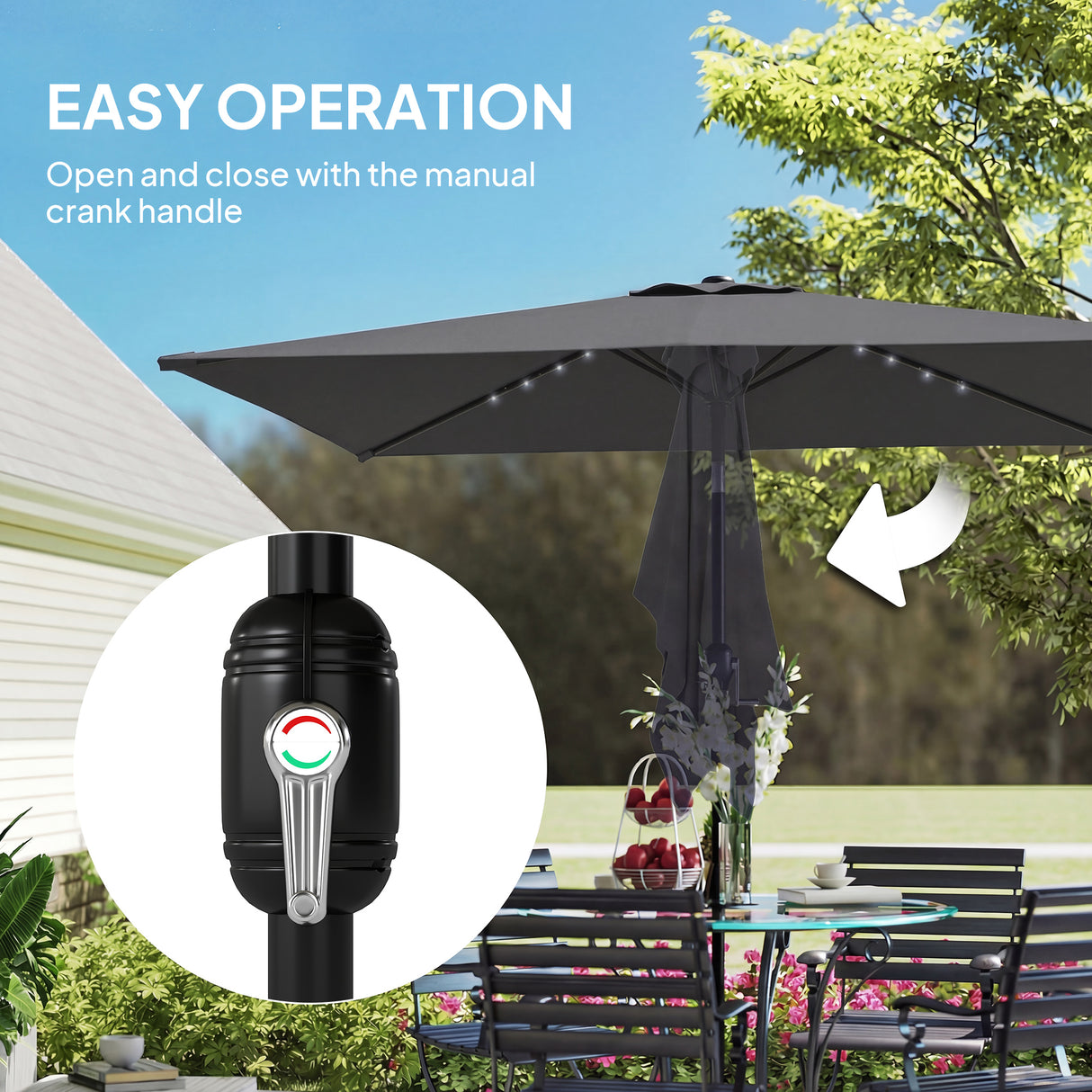 Polyester Tilting Parasol Umbrella With 24 Solar LED Light 289cm Width x 198cm Depth - Velmora