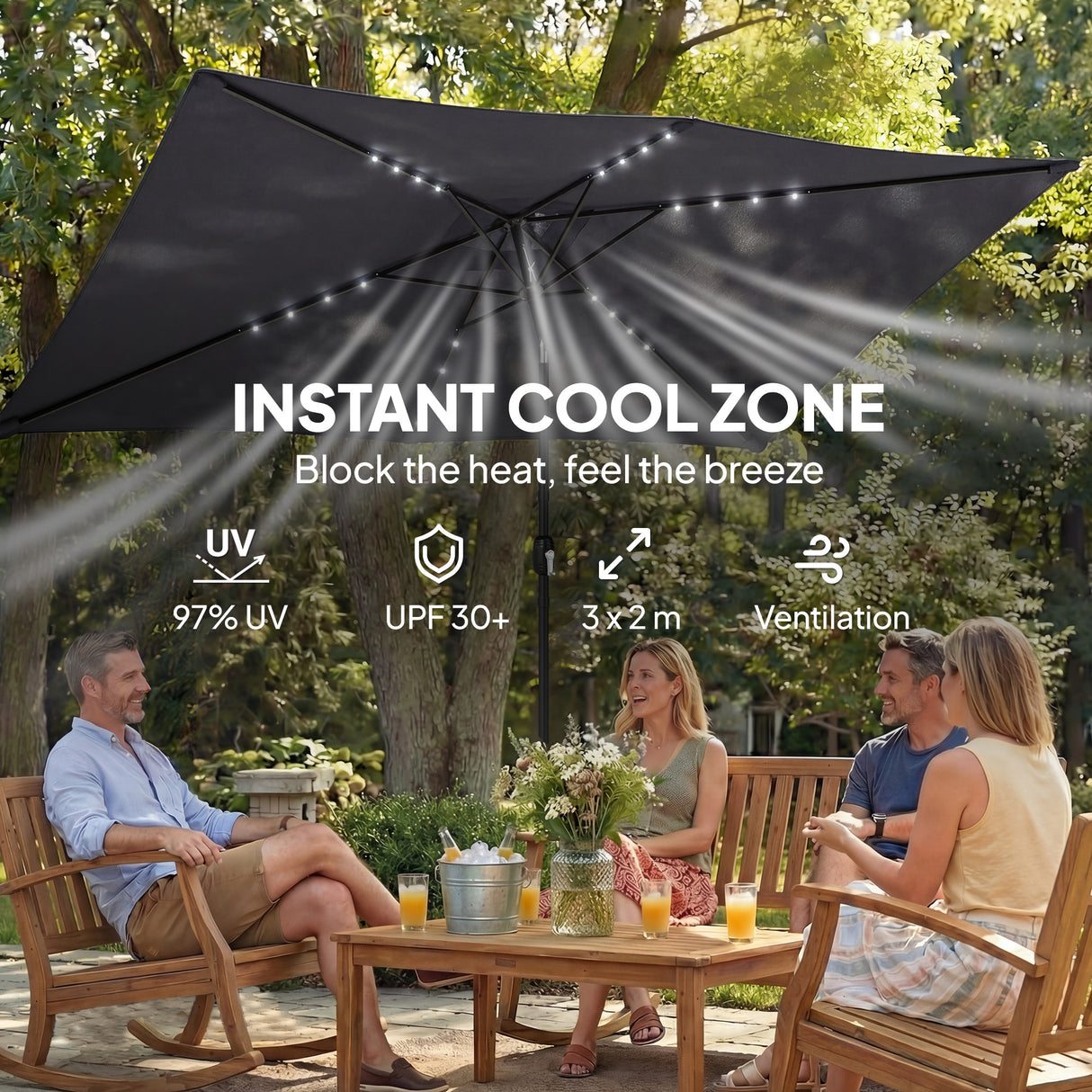 Polyester Tilting Parasol Umbrella With 24 Solar LED Light 289cm Width x 198cm Depth - Velmora