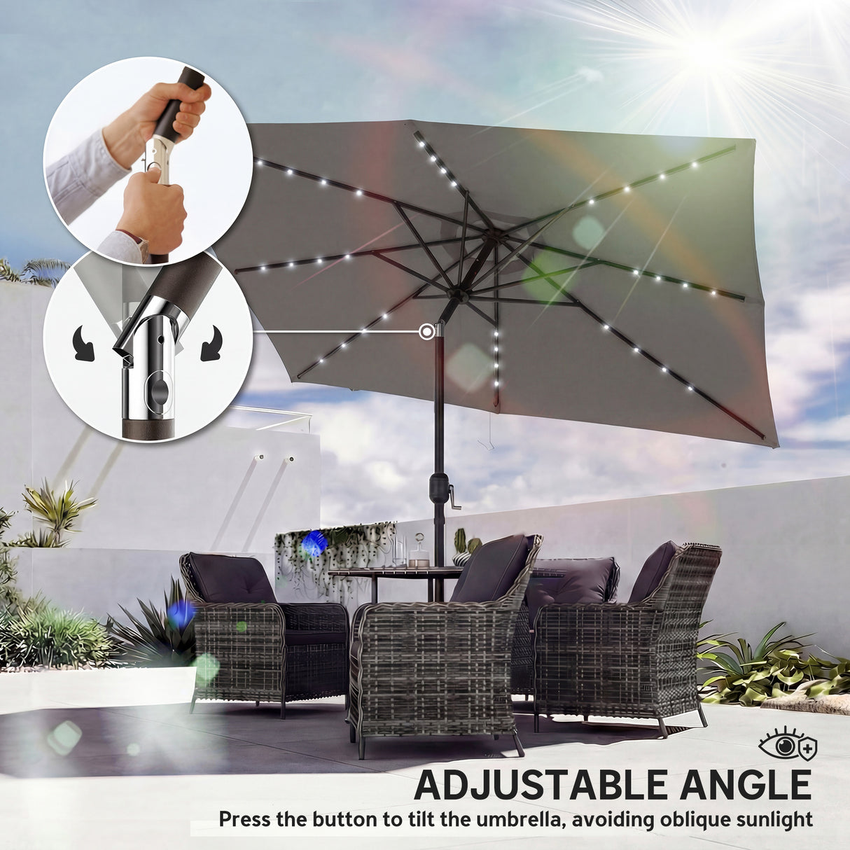 Polyester Tilting Parasol Umbrella With 24 Solar LED Light 289cm Width x 198cm Depth - Velmora