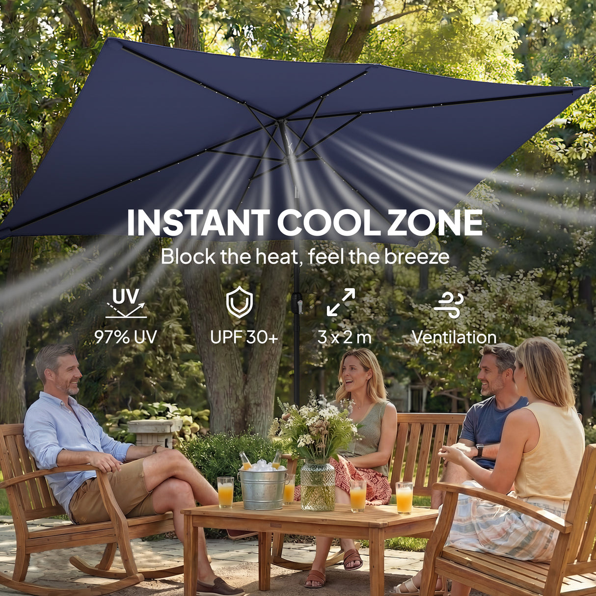 Polyester Tilting Parasol Umbrella With 24 Solar LED Light 289cm Width x 198cm Depth - Velmora