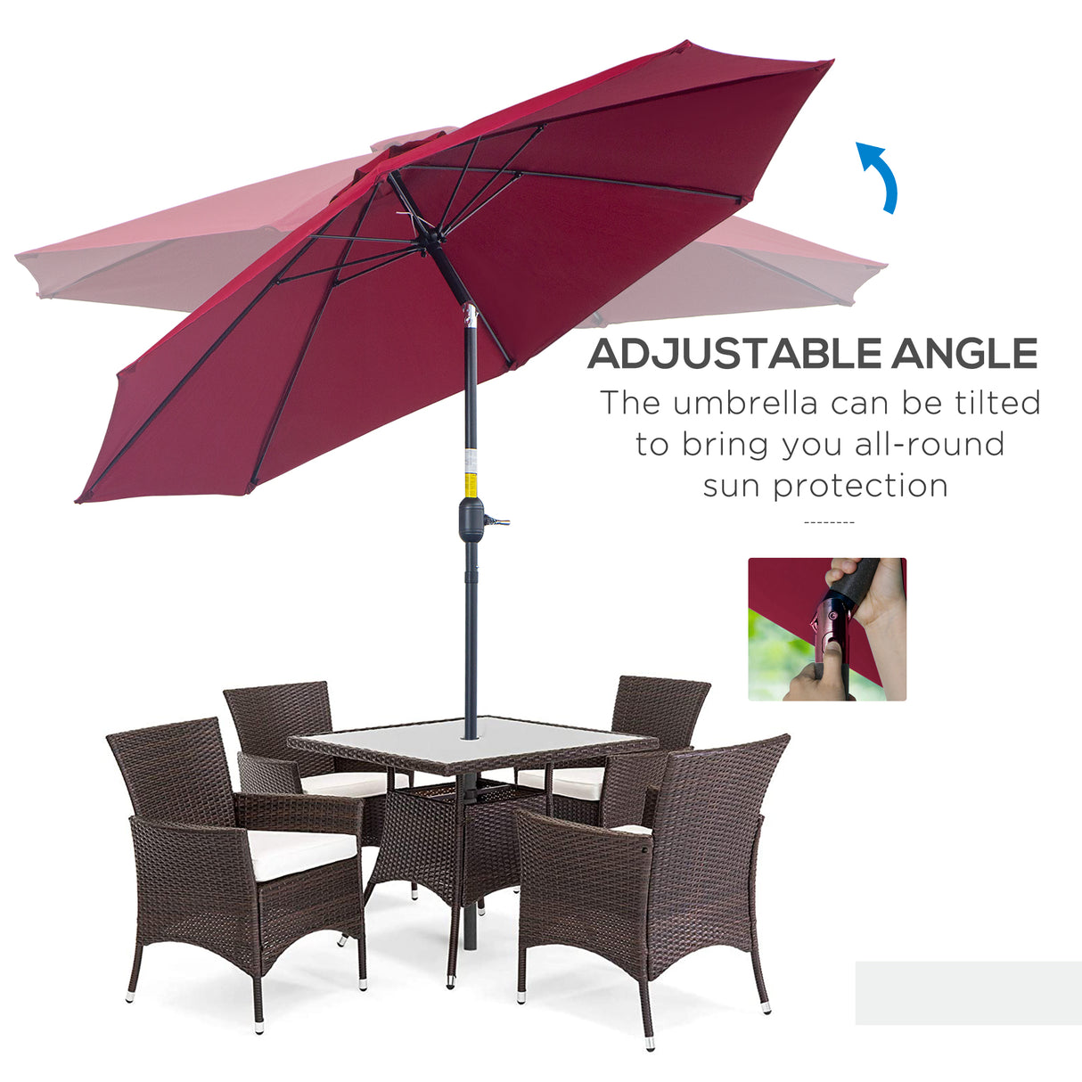 Polyester Tilting Parasol Umbrella With Glass Fibre Ribs 265cm Diameter - Velmora