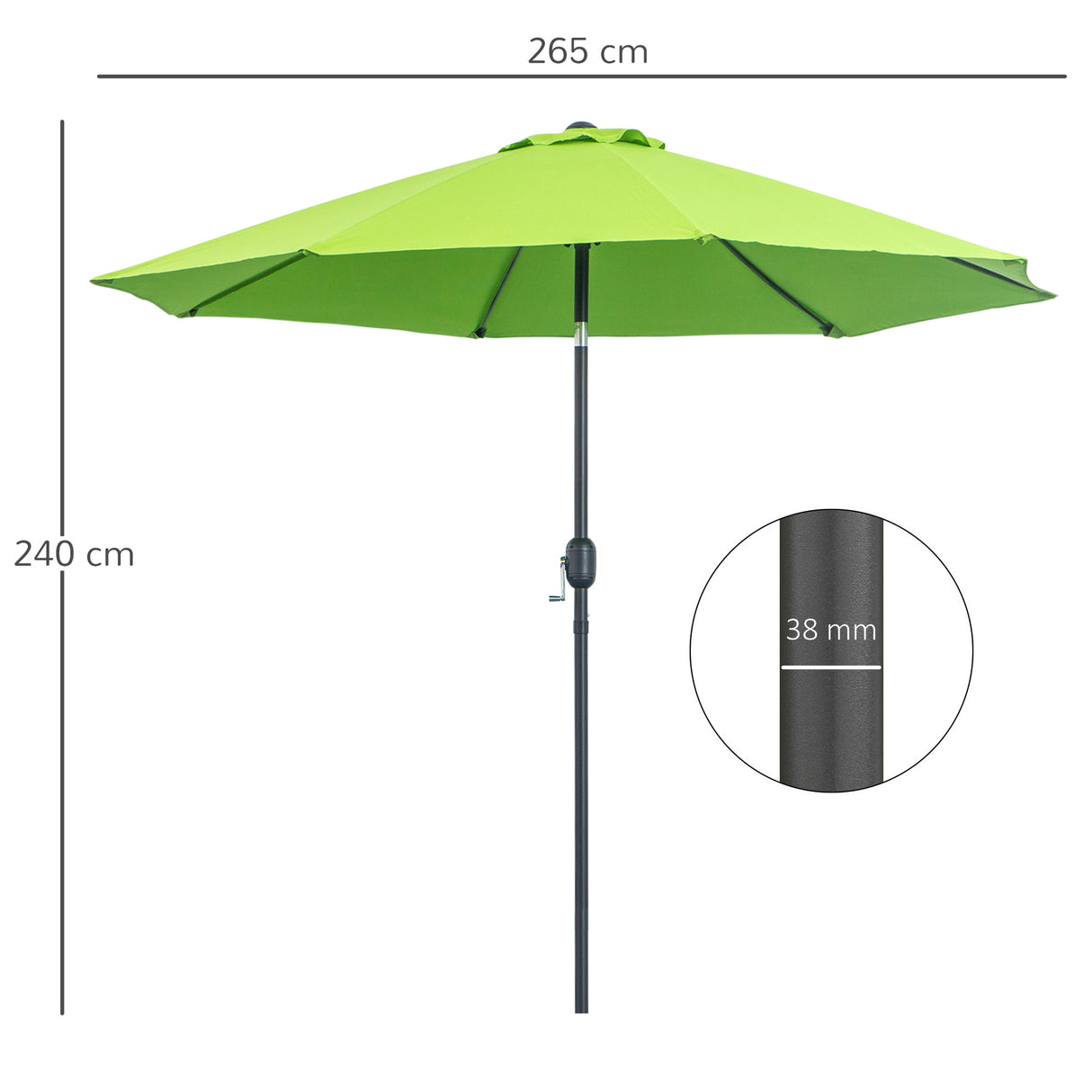 Polyester Tilting Parasol Umbrella With Glass Fibre Ribs 265cm Diameter - Velmora