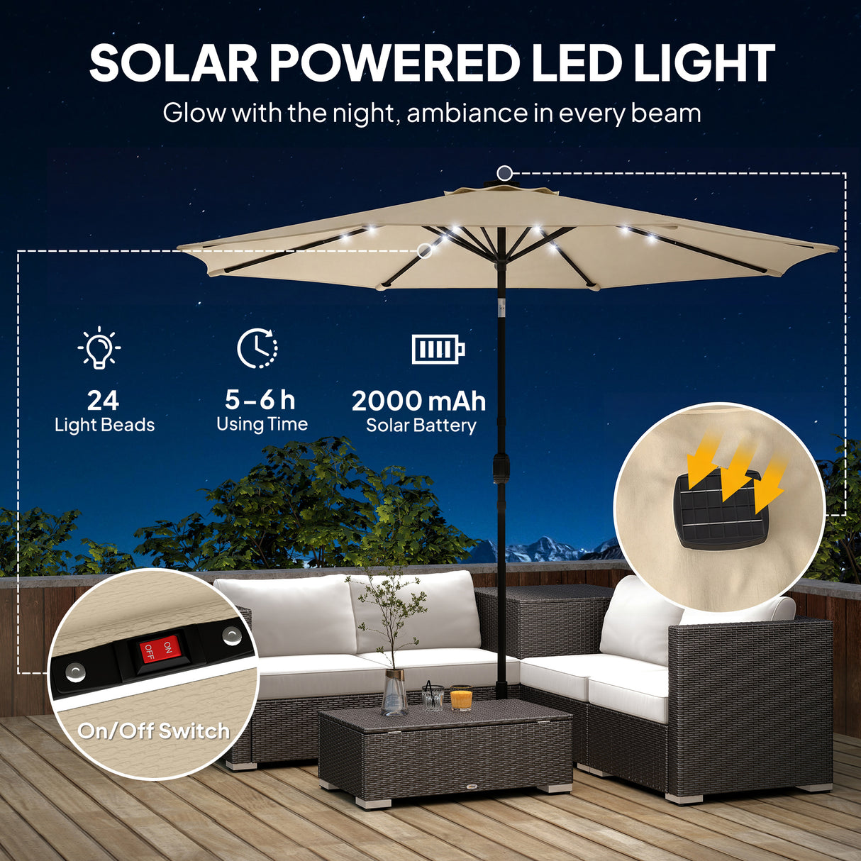 Polyester Tilting Parasol Umbrella With LED Solar Light 263cm Diameter - Velmora