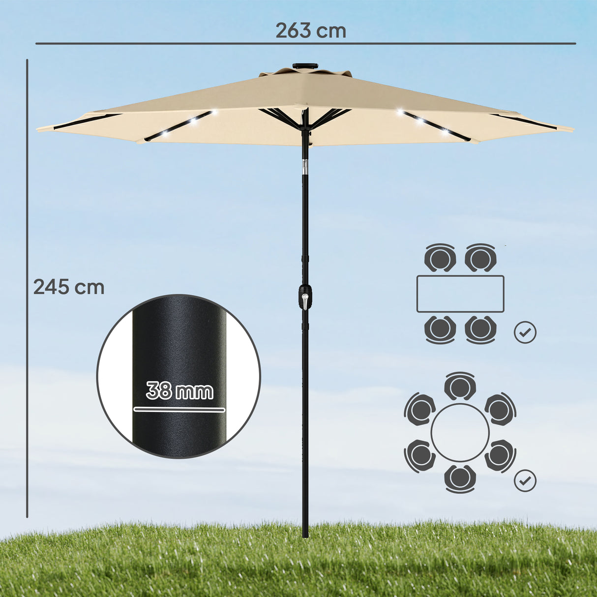 Polyester Tilting Parasol Umbrella With LED Solar Light 263cm Diameter - Velmora