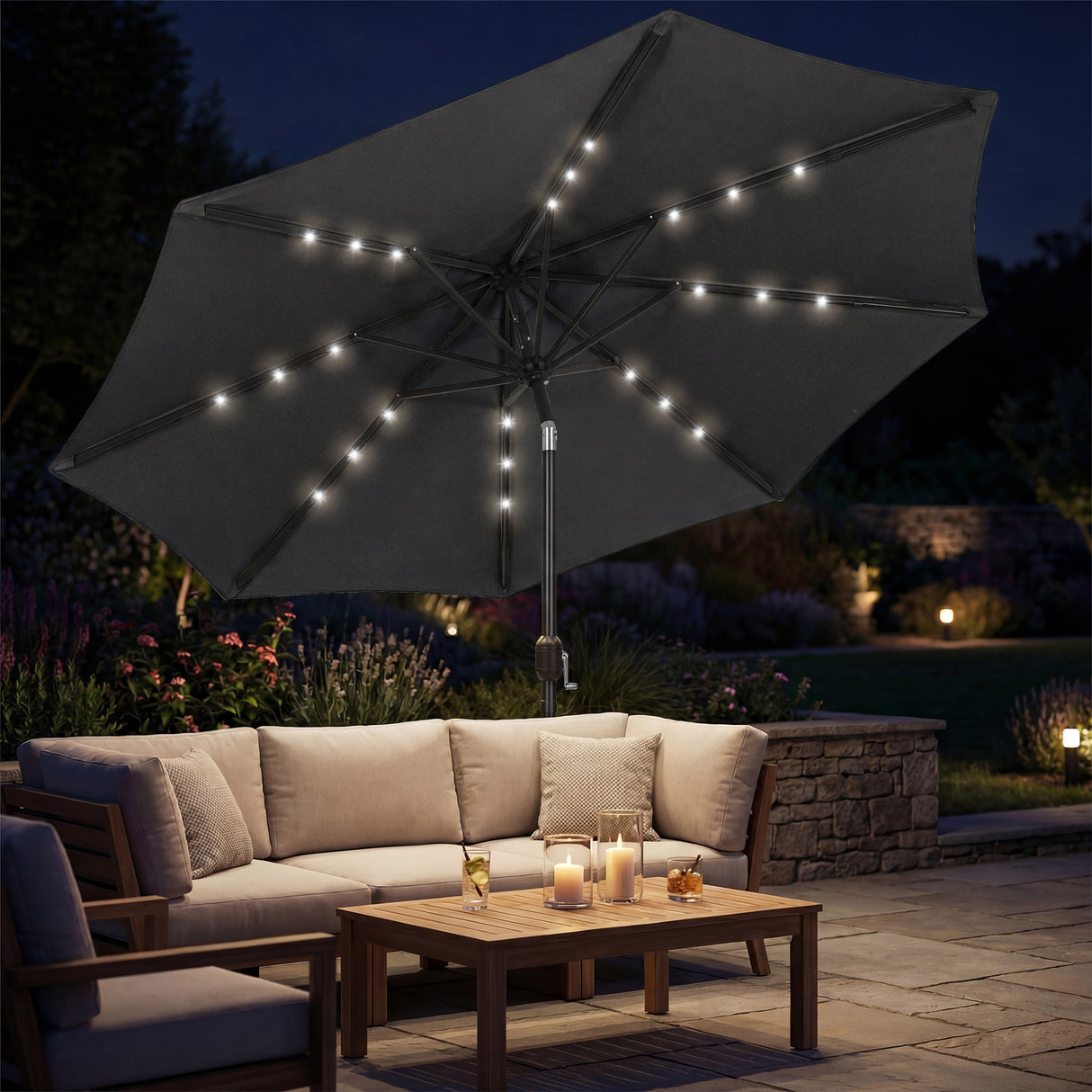 Polyester Tilting Parasol Umbrella With LED Solar Light 263cm Diameter - Velmora