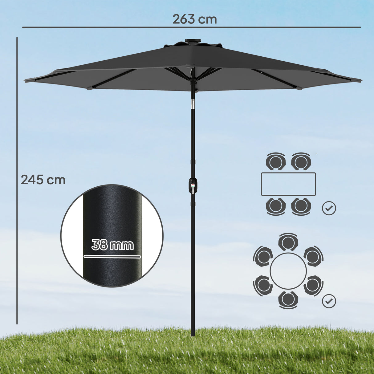 Polyester Tilting Parasol Umbrella With LED Solar Light 263cm Diameter - Velmora