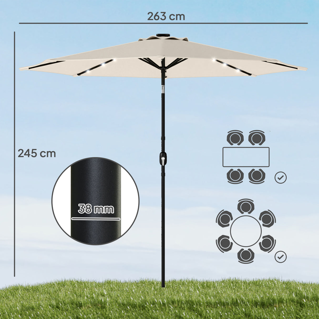 Polyester Tilting Parasol Umbrella With LED Solar Light 263cm Diameter - Velmora