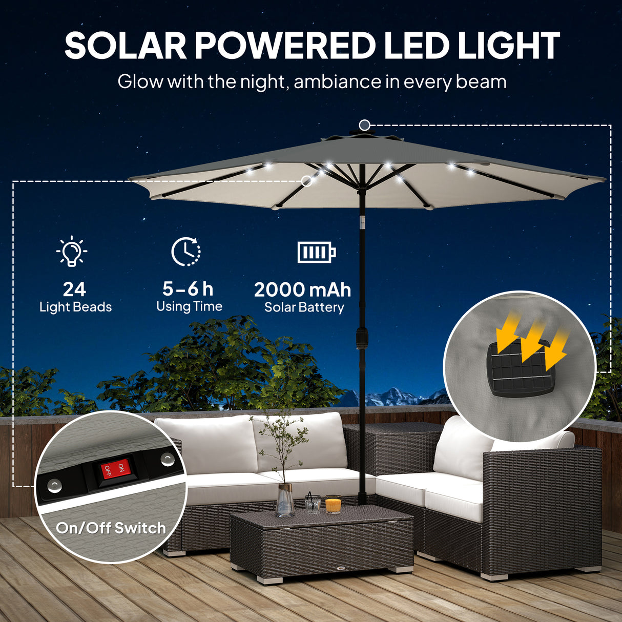 Polyester Tilting Parasol Umbrella With LED Solar Light 263cm Diameter - Velmora