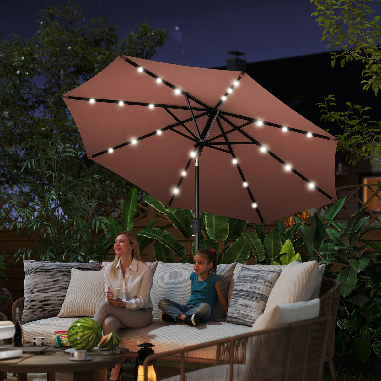 Polyester Tilting Parasol Umbrella With LED Solar Light 269cm Diameter - Velmora