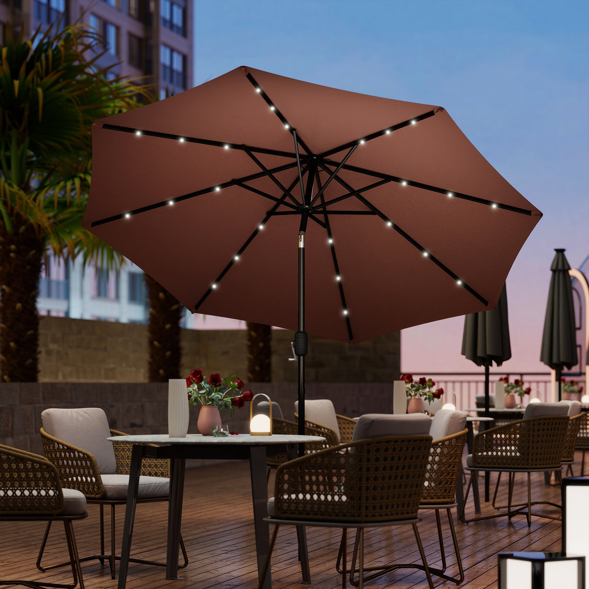 Polyester Tilting Parasol Umbrella With LED Solar Light 269cm Diameter - Velmora