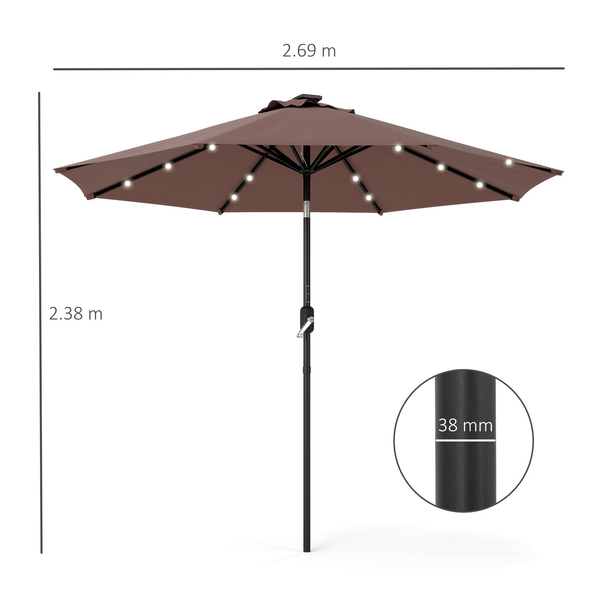 Polyester Tilting Parasol Umbrella With LED Solar Light 269cm Diameter - Velmora
