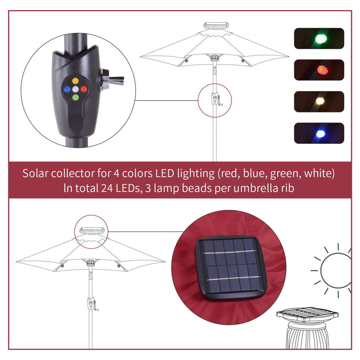 Polyester Tilting Parasol Umbrella With LED Solar Light 269cm Diameter - Velmora