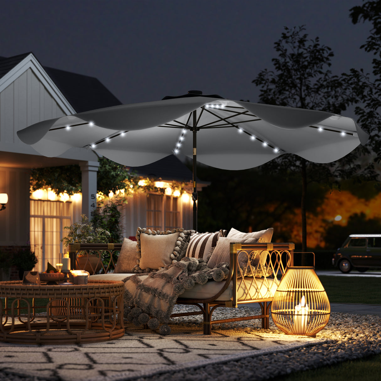 Polyester Tilting Parasol Umbrella With LED Solar Light 292cm Diameter - Velmora